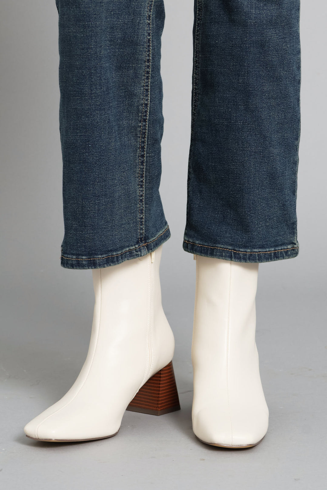 Center Seam Stack Block Heel Ankle Boot - Off White