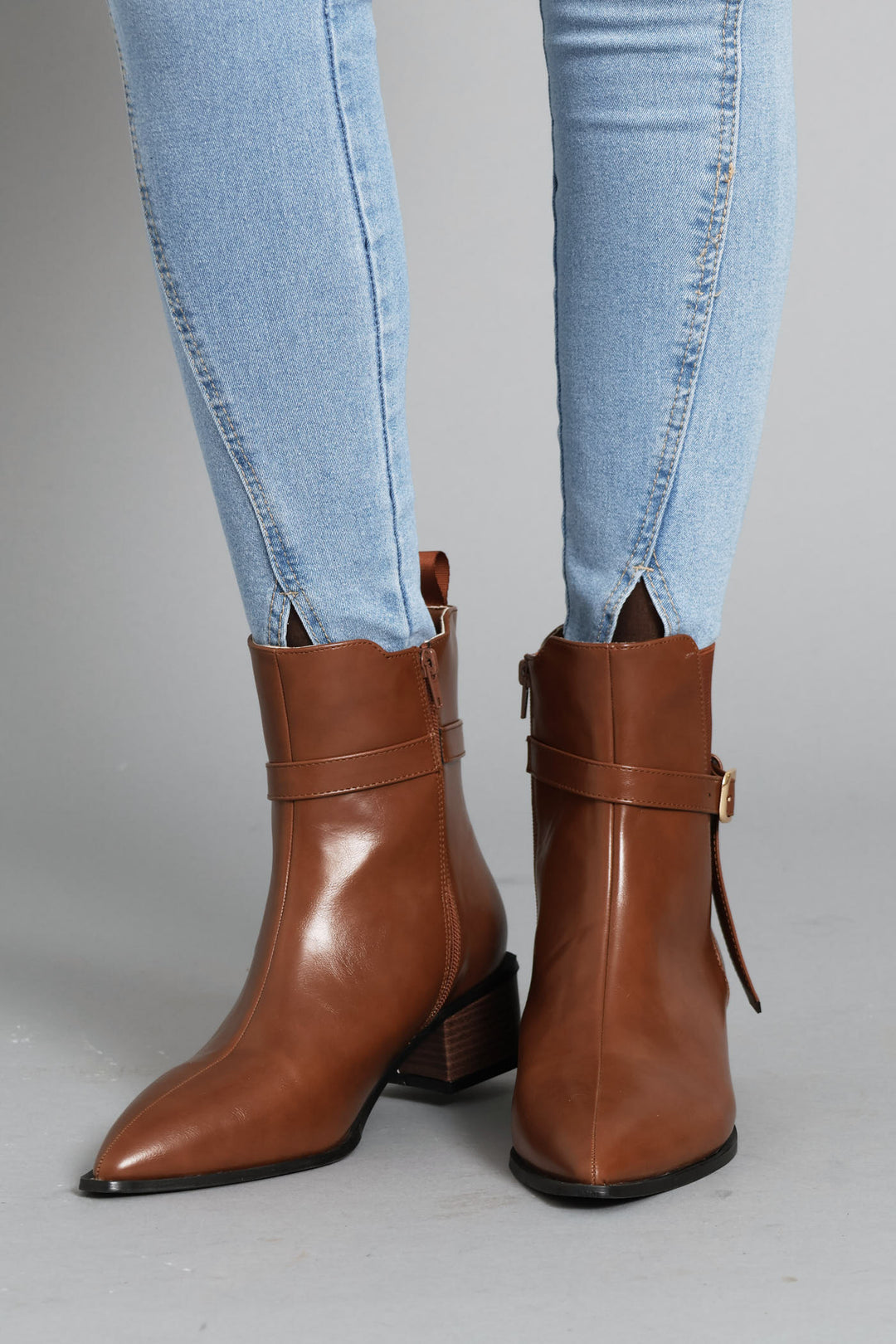 Rendered Sole Belt Detail Ankle  Boot - Chocolate