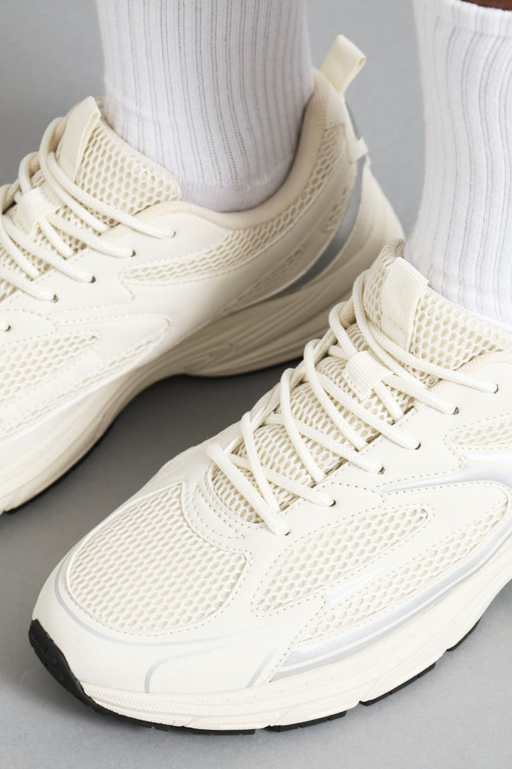 S ACTIVE Panelled Mesh PU Combo Trainer - Stone