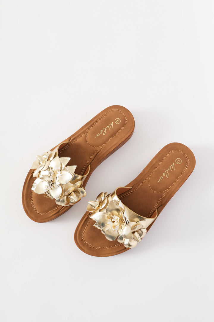 Flower Detail Single Band Sandal On Comfort Outsole - Gold