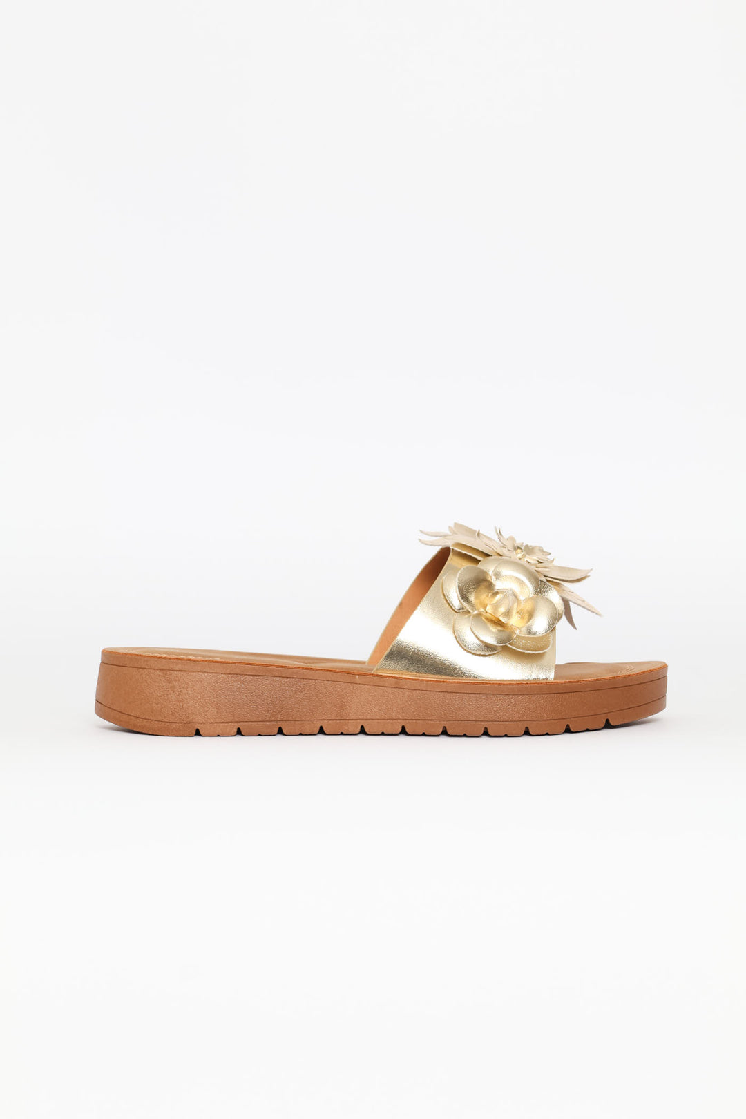 Flower Detail Single Band Sandal On Comfort Outsole - Gold