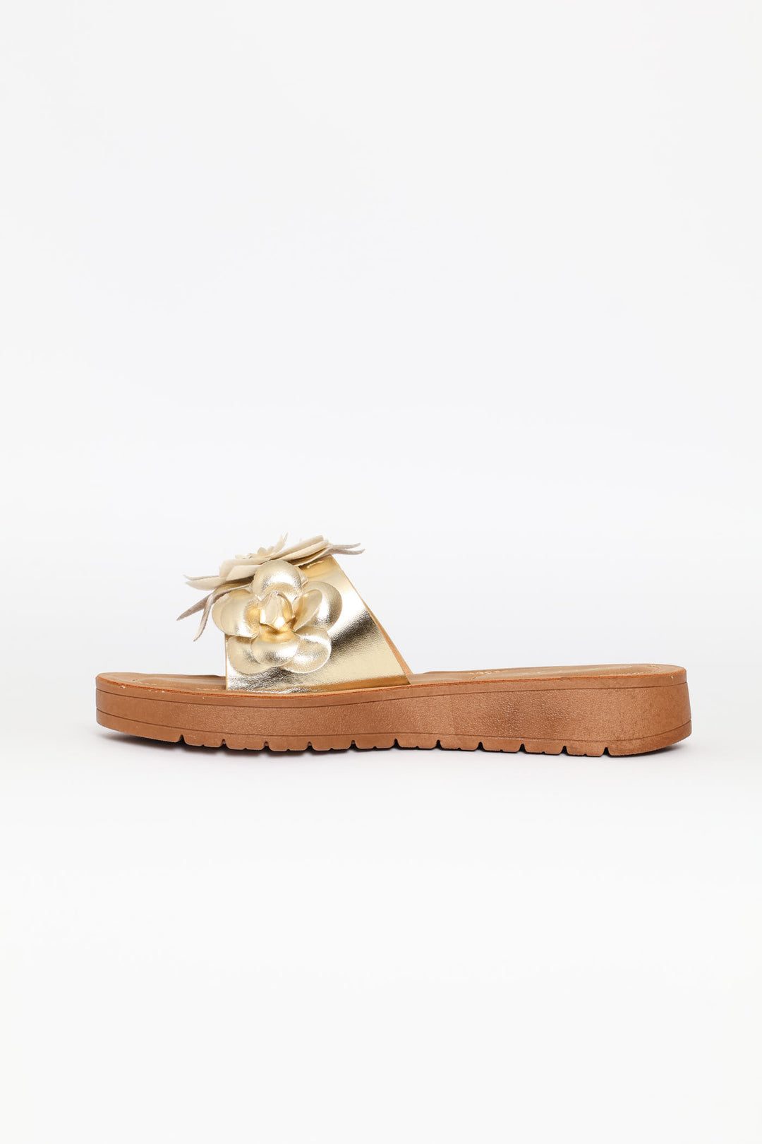 Flower Detail Single Band Sandal On Comfort Outsole - Gold