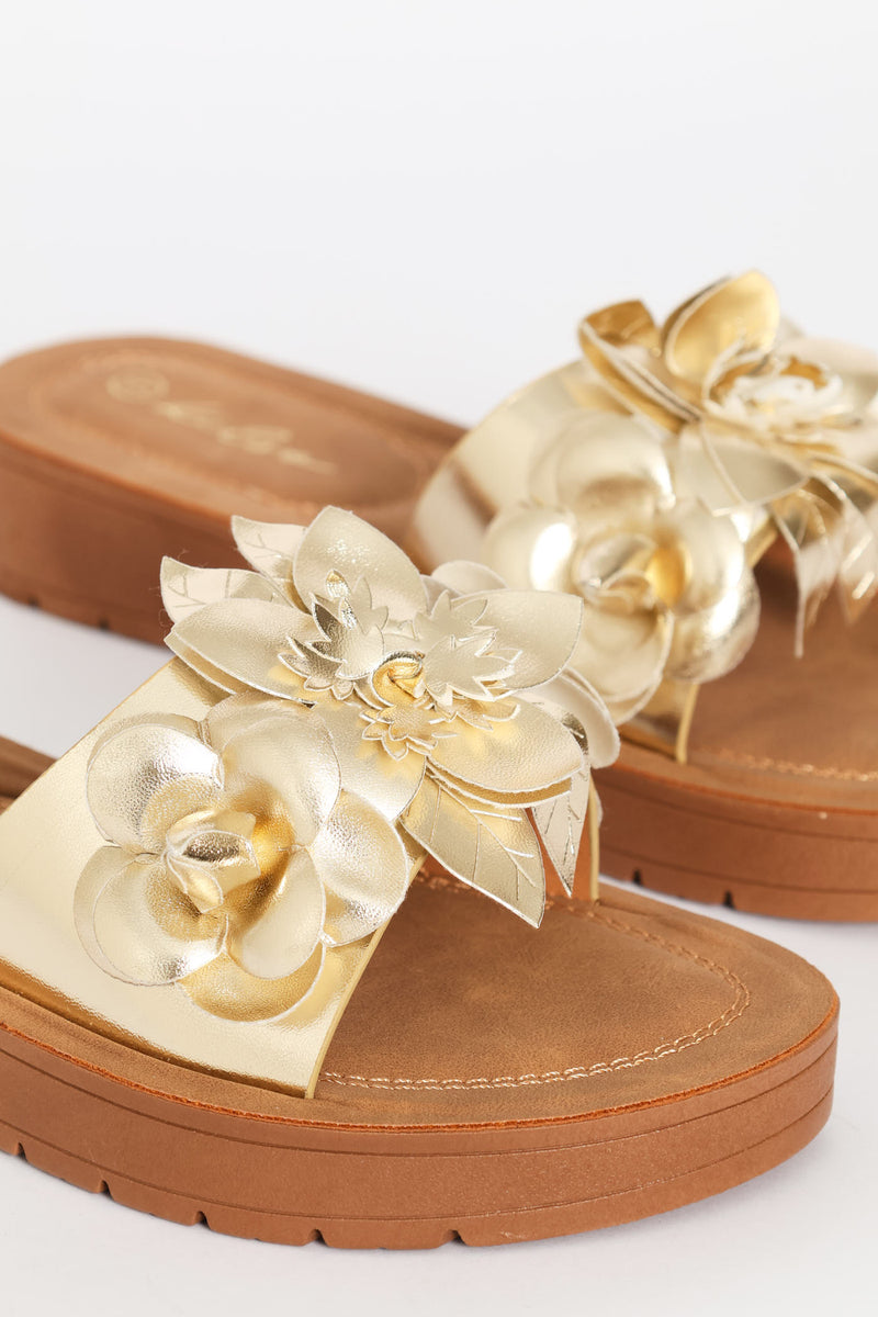 Flower Detail Single Band Sandal On Comfort Outsole - Gold