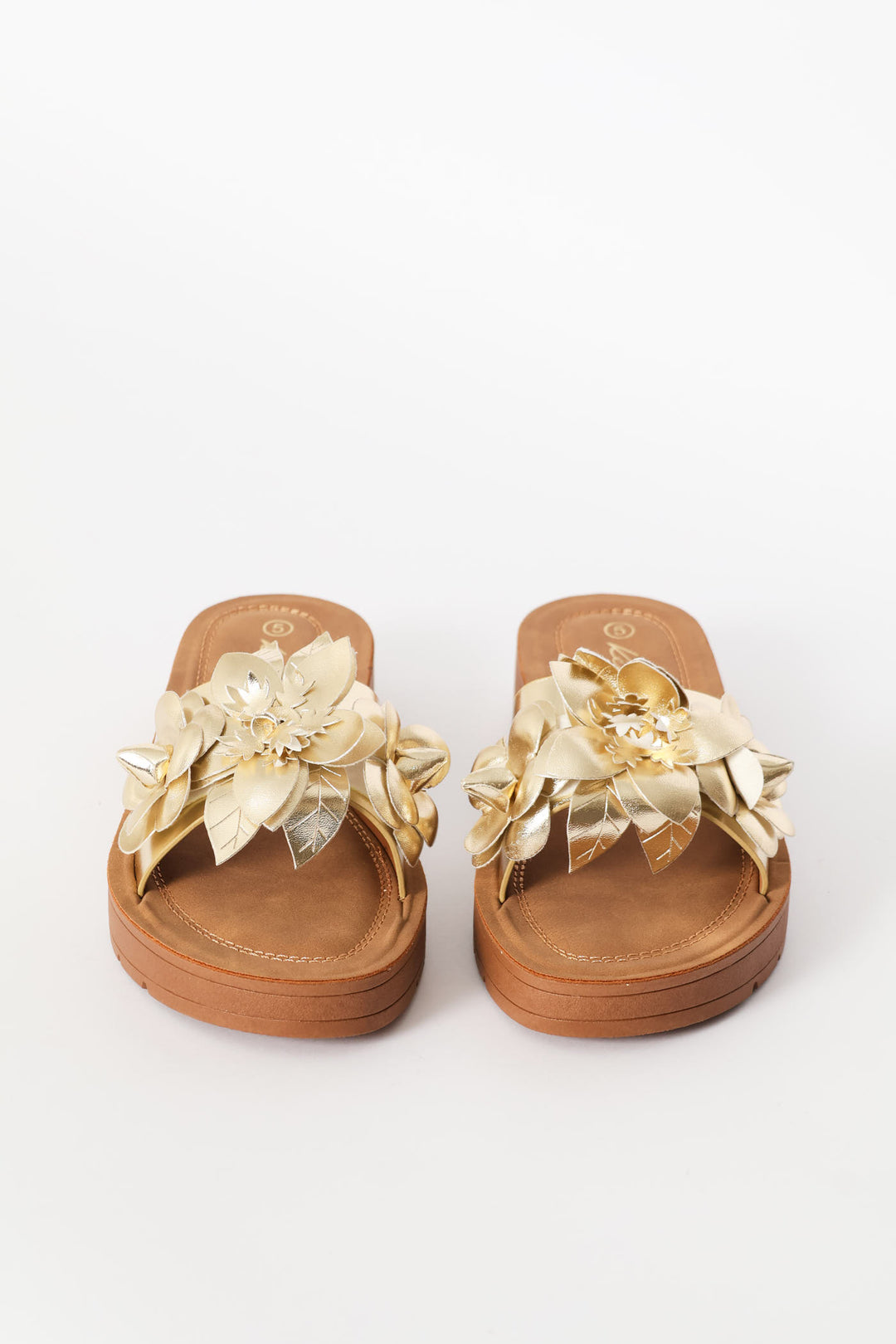 Flower Detail Single Band Sandal On Comfort Outsole - Gold