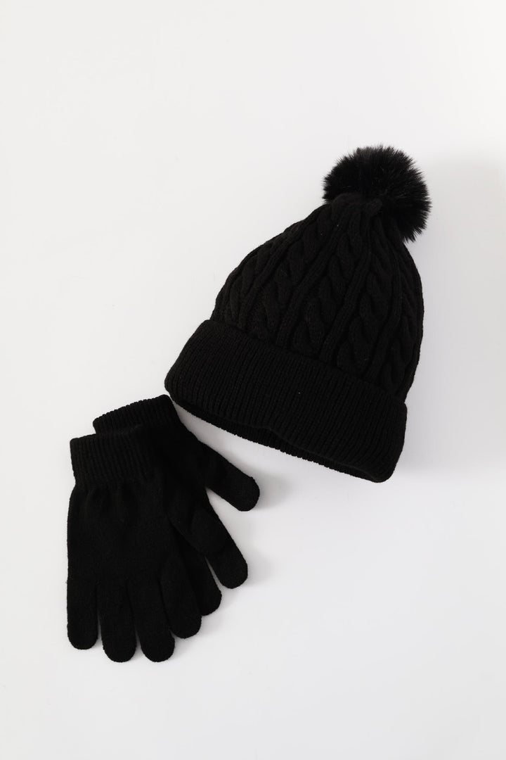 Girls Cable Beanie And Glove Set - Black