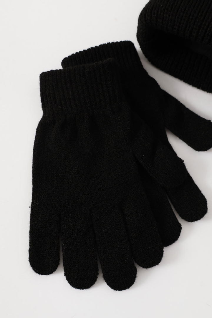 Girls Cable Beanie And Glove Set - Black