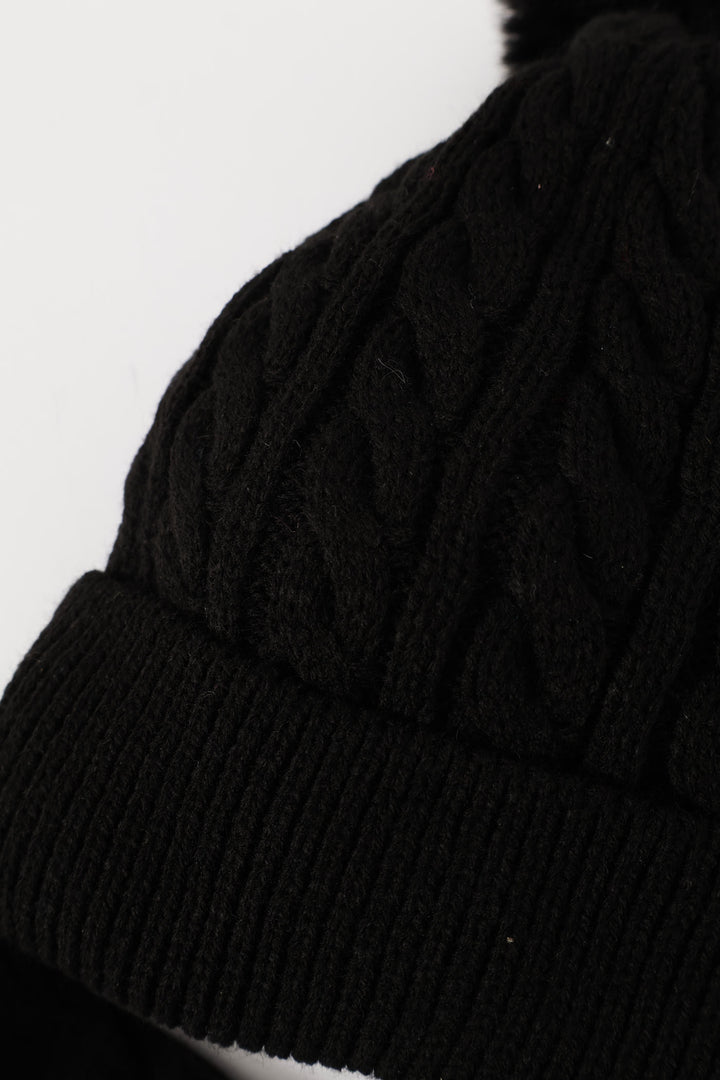 Girls Cable Beanie And Glove Set - Black