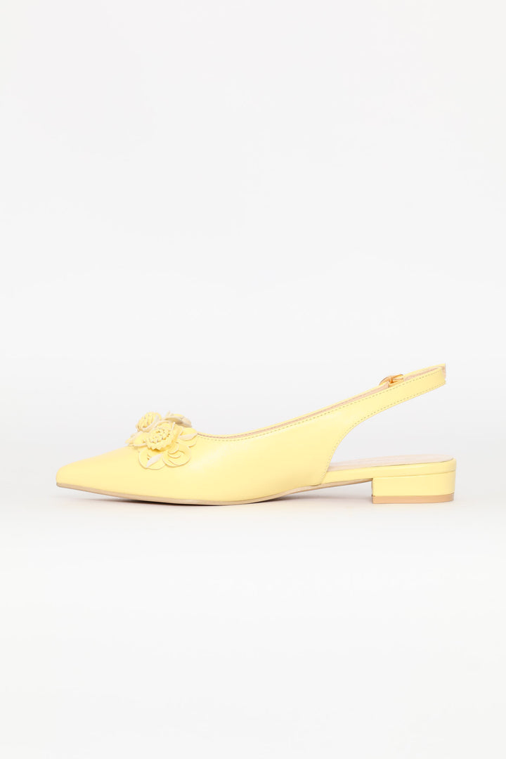 Pointy Croc Flower Slingback - Light Yellow
