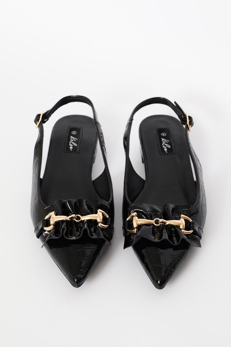 Frill & Metal Trim Slingback - Black