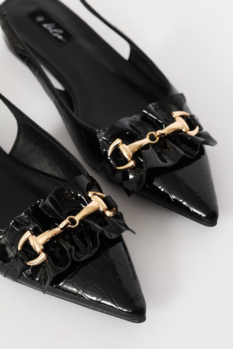 Frill & Metal Trim Slingback - Black