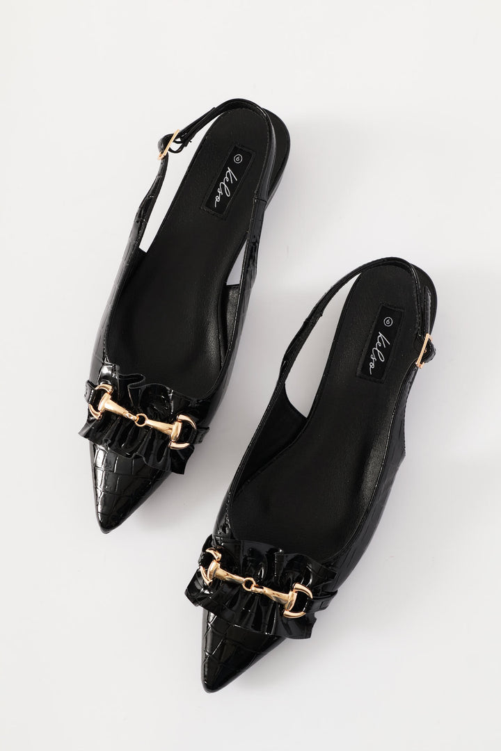 Frill & Metal Trim Slingback - Black