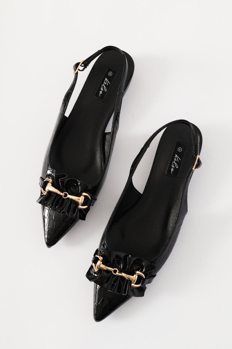 Frill & Metal Trim Slingback - Black