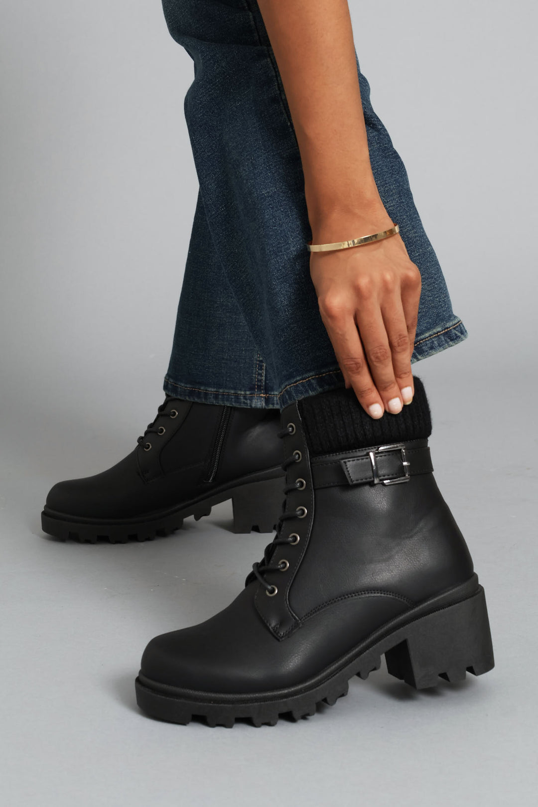Sock Detail Trim Chunky Military Boot - Black