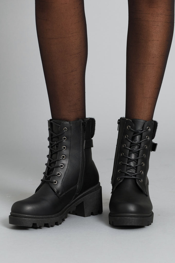 Sock Detail Trim Chunky Military Boot - Black