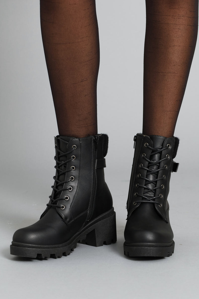 Sock Detail Trim Chunky Military Boot - Black