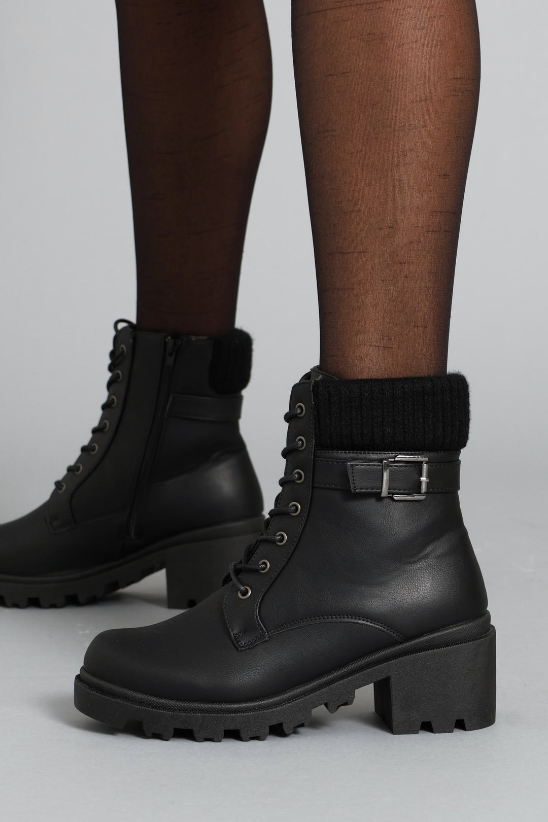 Sock Detail Trim Chunky Military Boot - Black