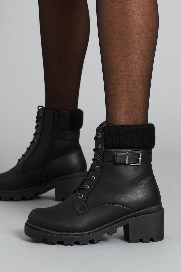 Sock Detail Trim Chunky Military Boot - Black
