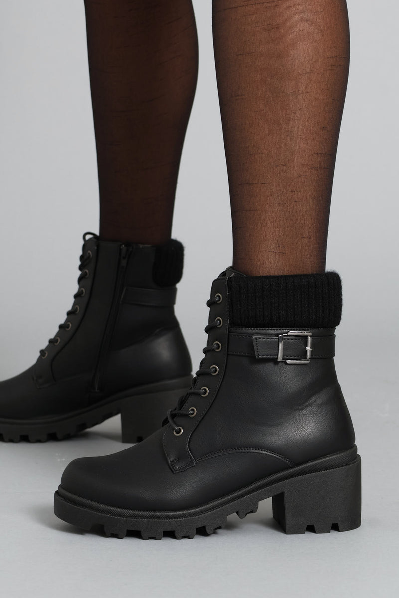 Sock Detail Trim Chunky Military Boot - Black