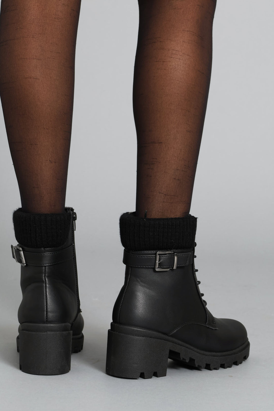 Sock Detail Trim Chunky Military Boot - Black