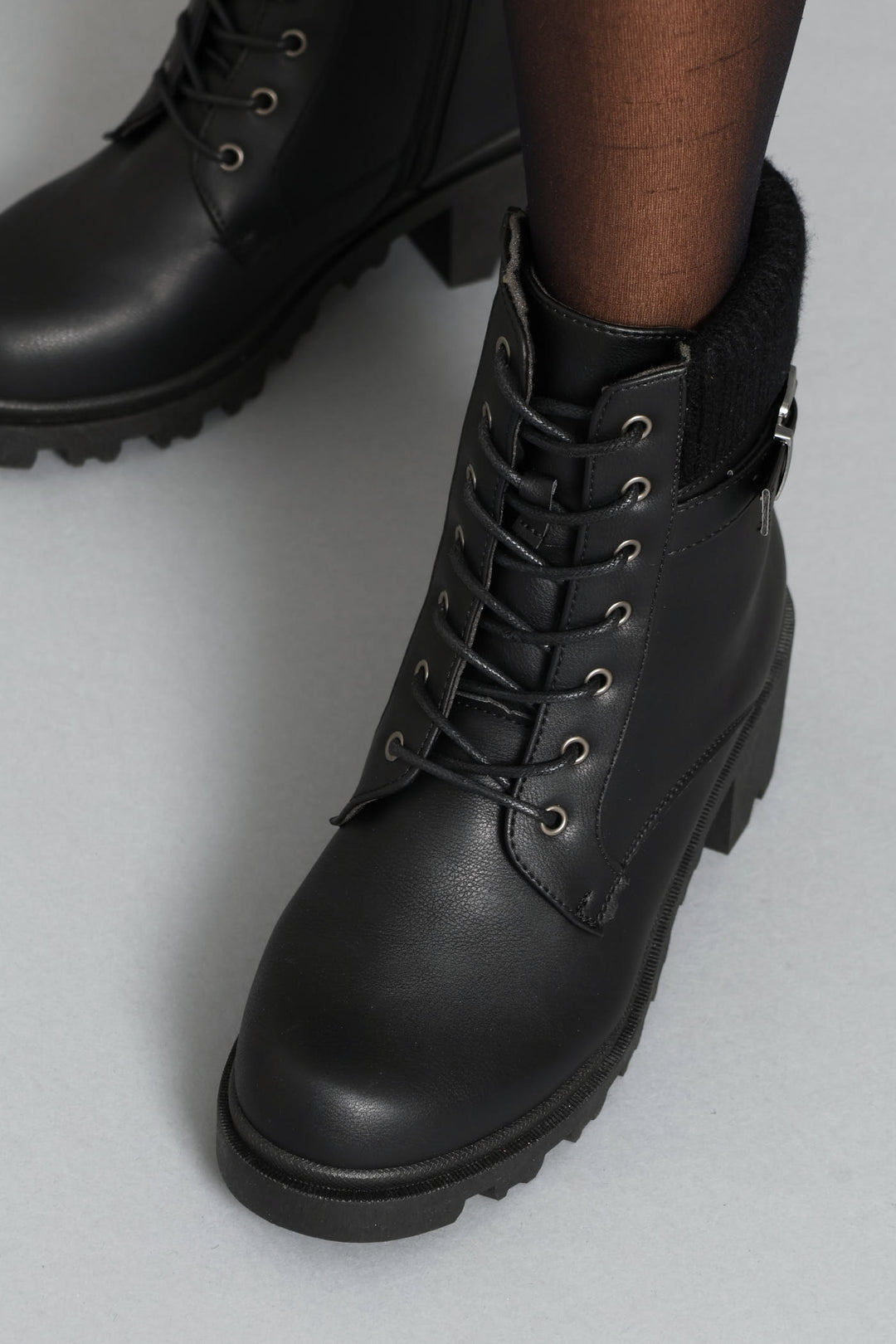 Sock Detail Trim Chunky Military Boot - Black