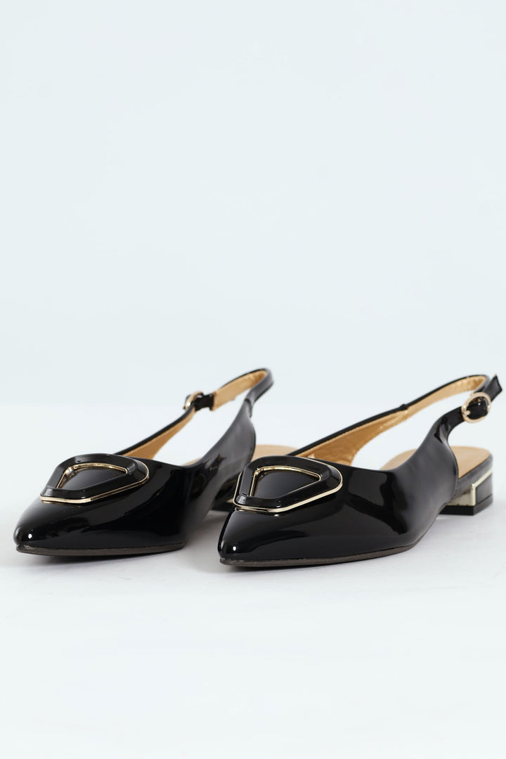 Patent Slingback Trim Low Block Mule Heel - Black