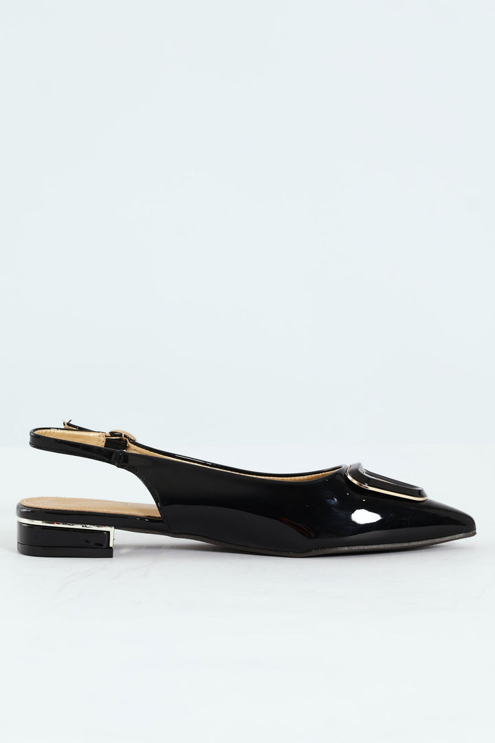 Patent Slingback Trim Low Block Mule Heel - Black