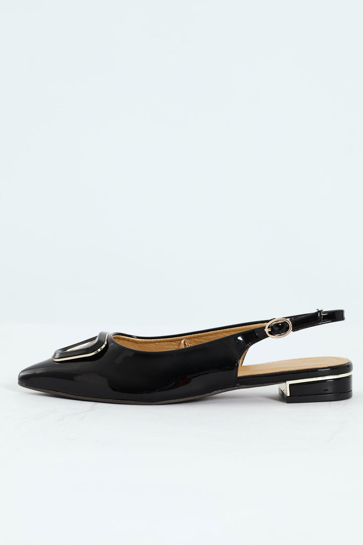 Patent Slingback Trim Low Block Mule Heel - Black