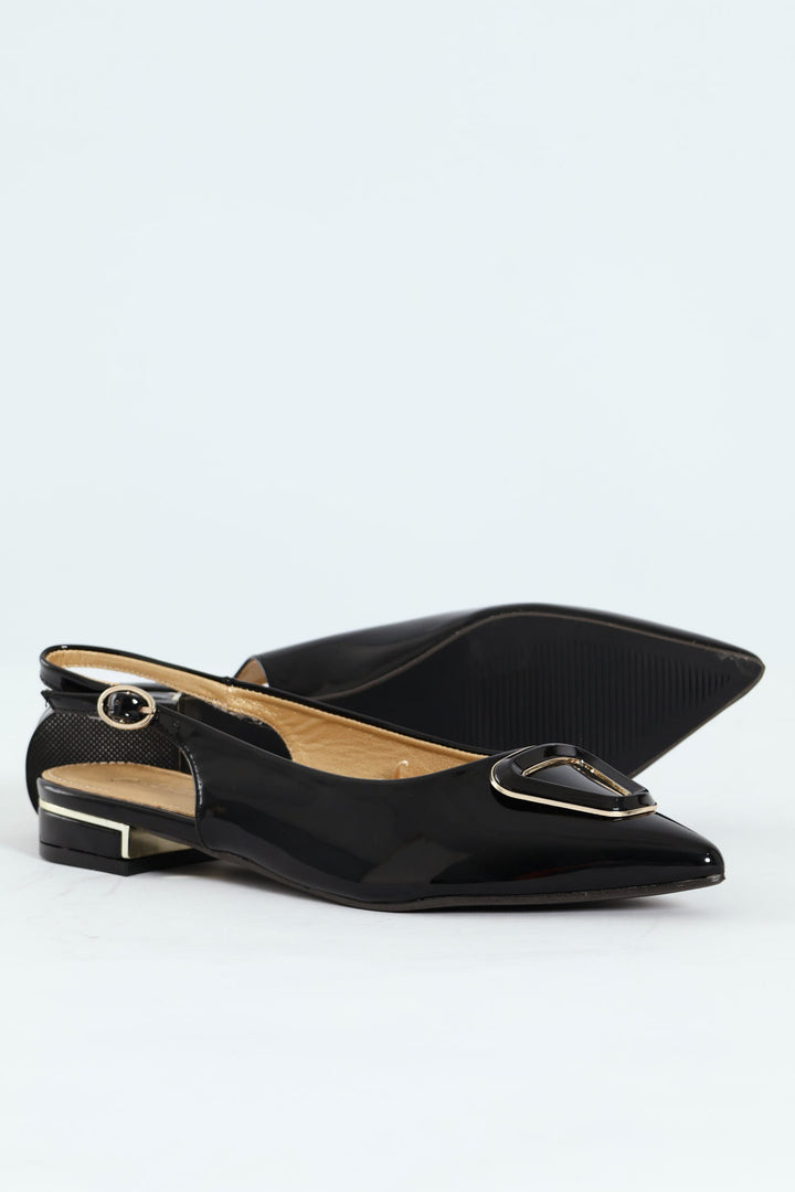 Patent Slingback Trim Low Block Mule Heel - Black