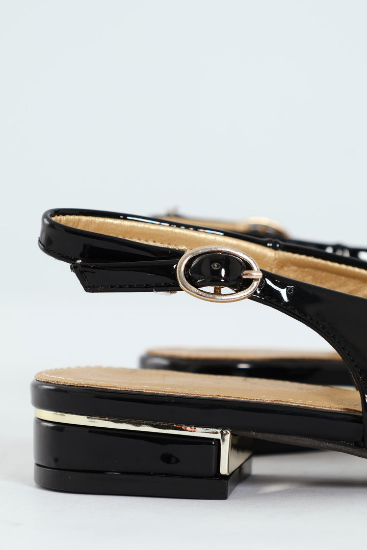 Patent Slingback Trim Low Block Mule Heel - Black