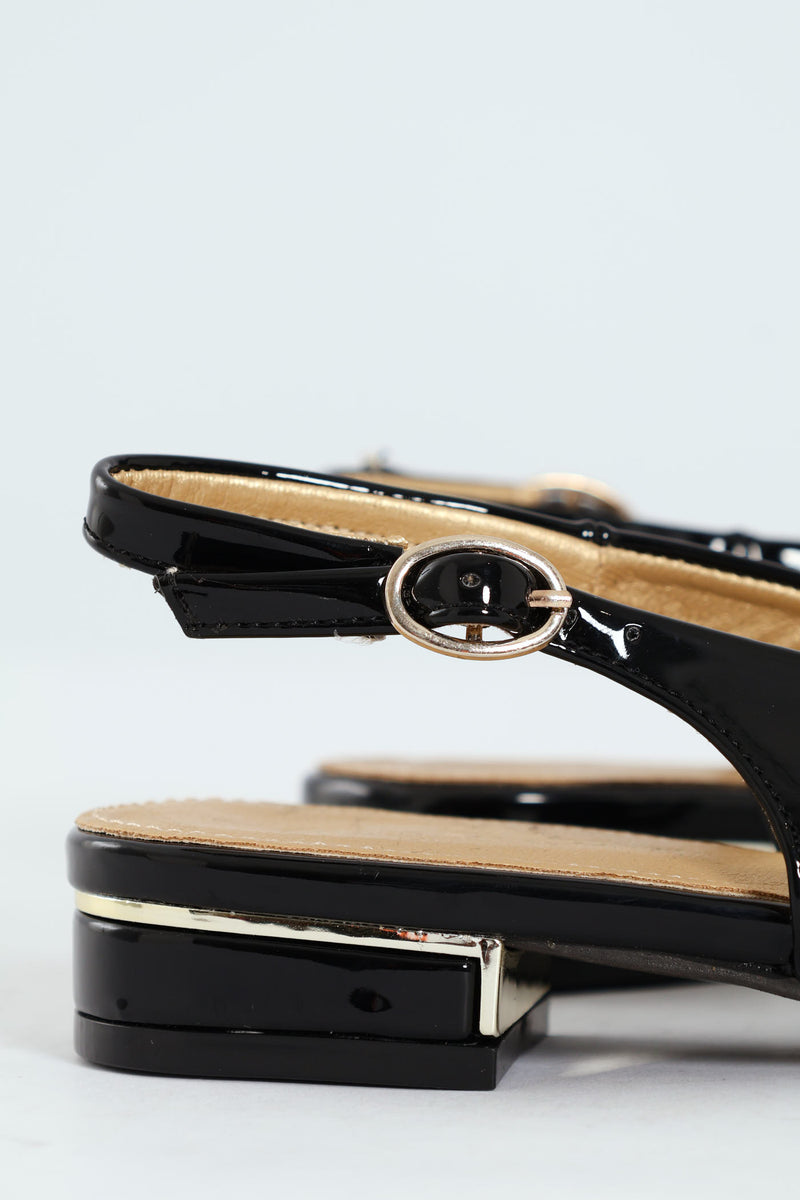 Patent Slingback Trim Low Block Mule Heel - Black