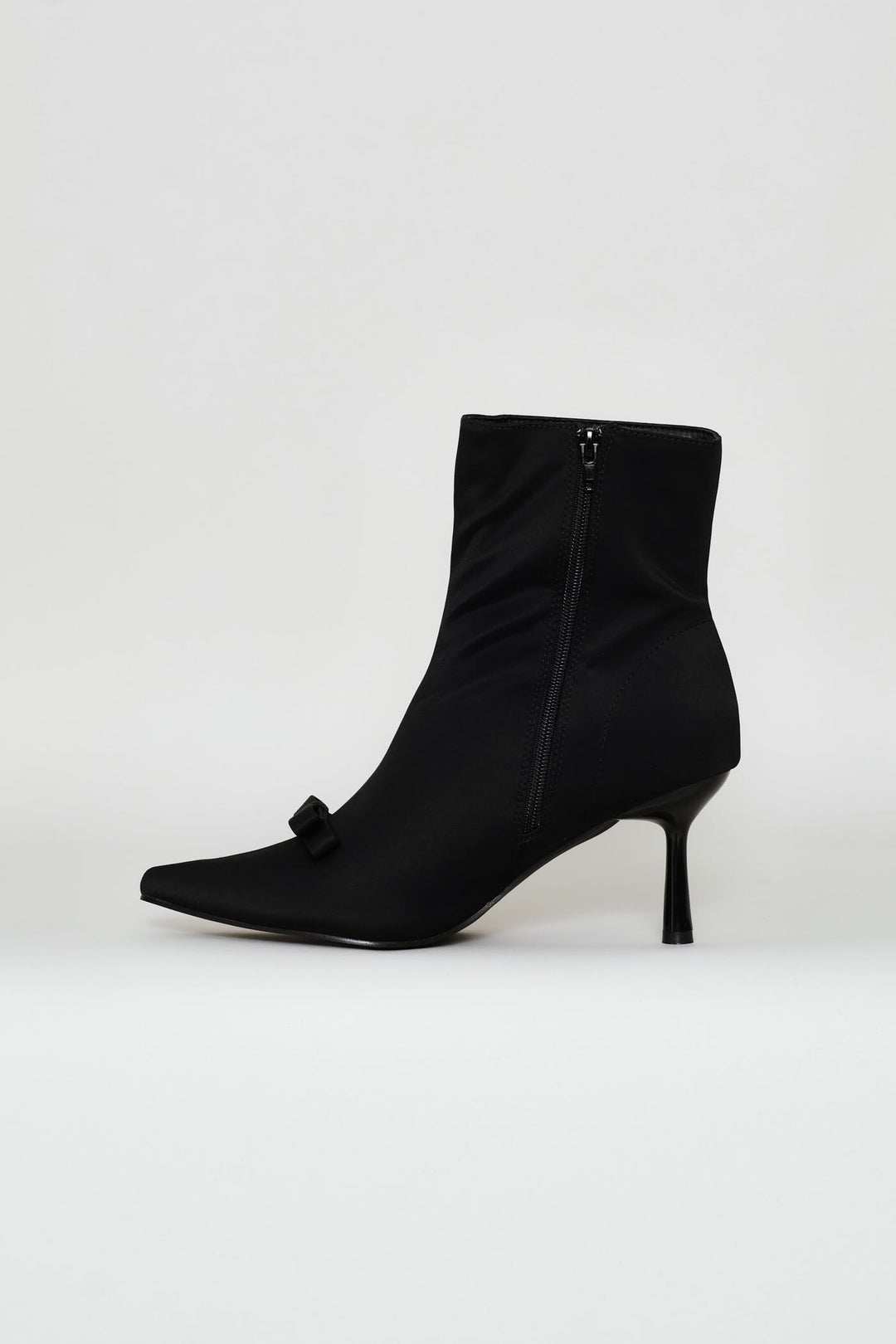 Pointy Heel Bow Trim Sock Boot - Black