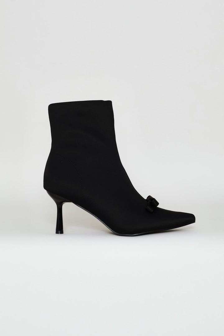 Pointy Heel Bow Trim Sock Boot - Black