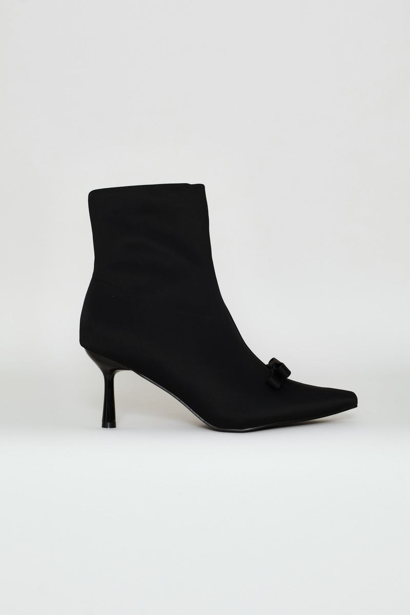 Pointy Heel Bow Trim Sock Boot - Black
