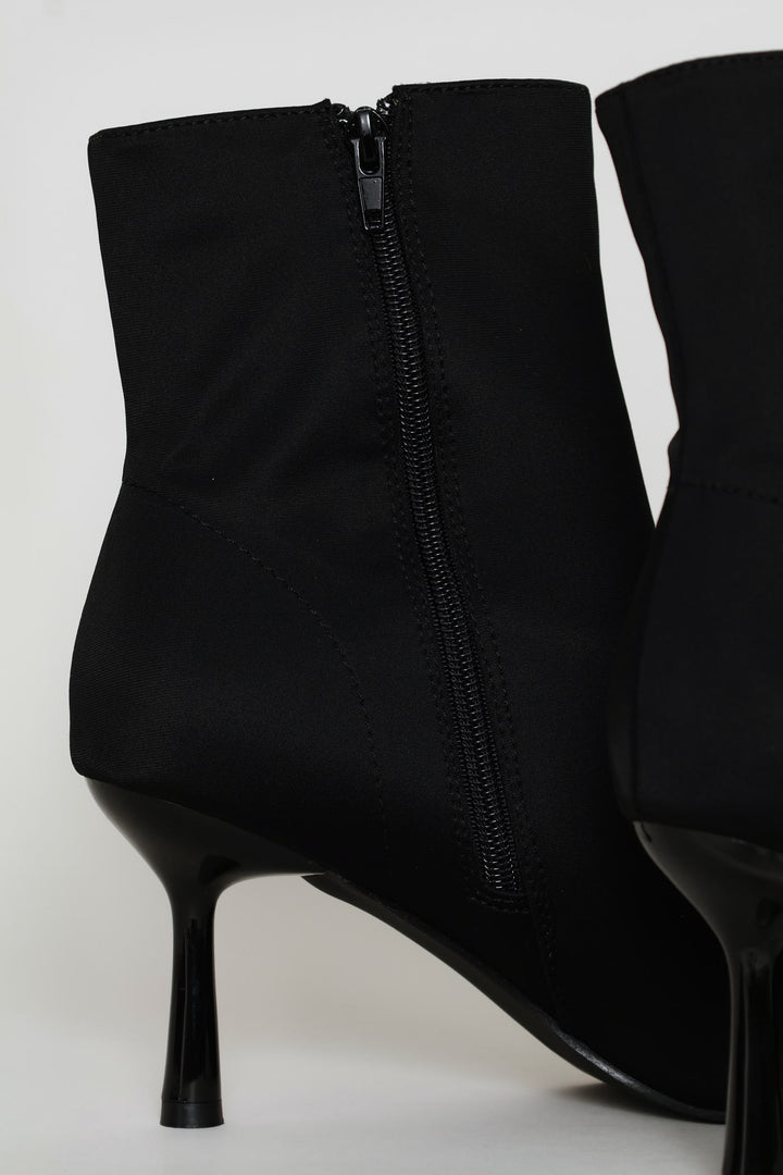 Pointy Heel Bow Trim Sock Boot - Black