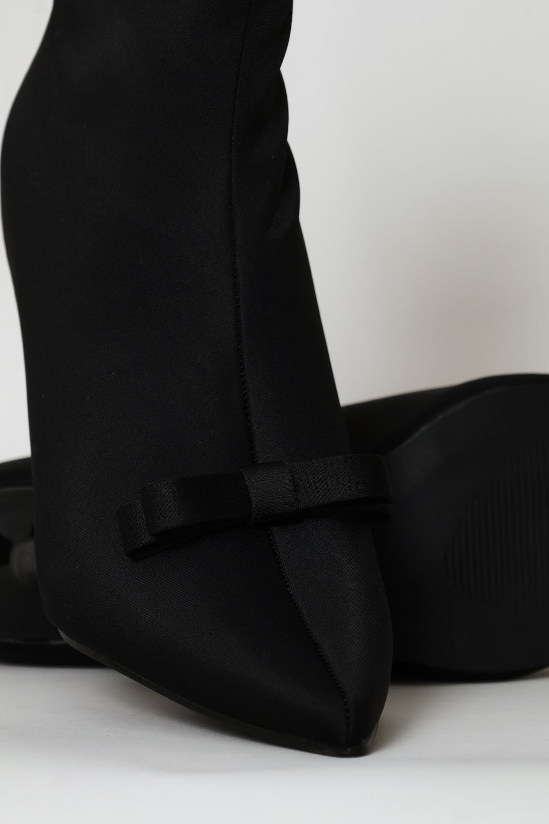 Pointy Heel Bow Trim Sock Boot - Black