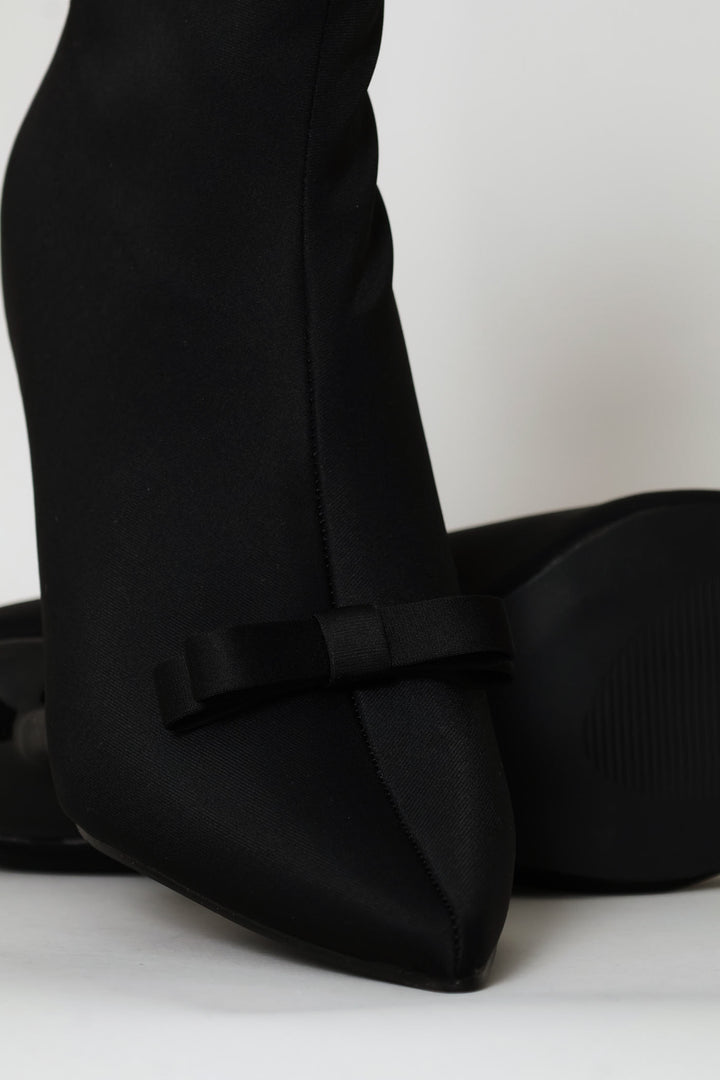 Pointy Heel Bow Trim Sock Boot - Black