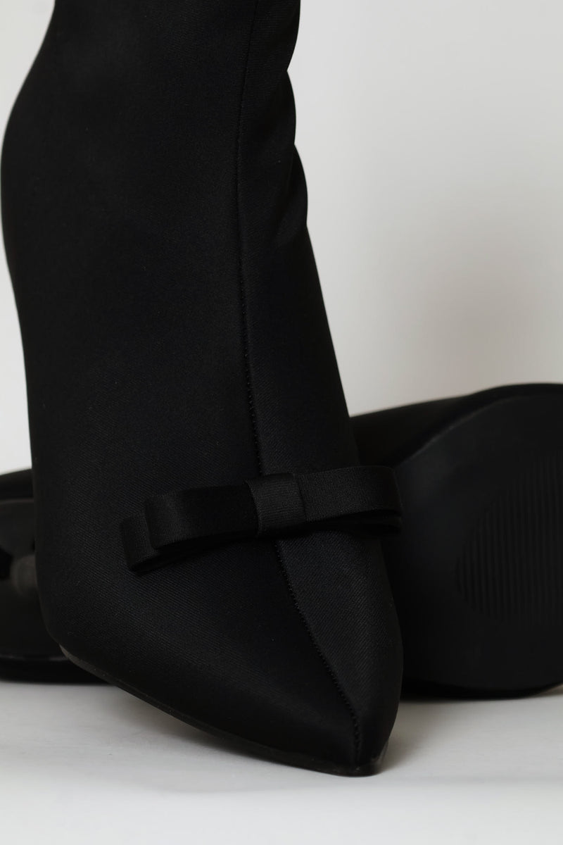 Pointy Heel Bow Trim Sock Boot - Black