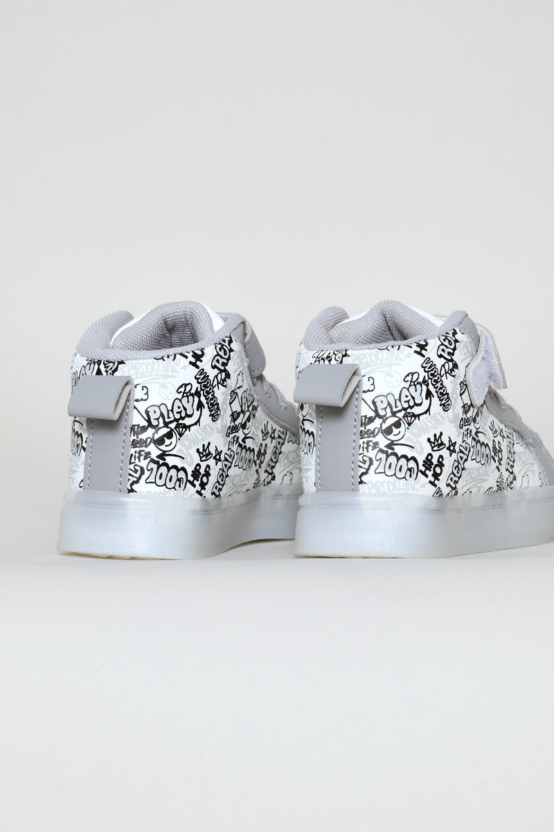 Pre-Boys Graffiti Lace Up Hitop Sneaker - White