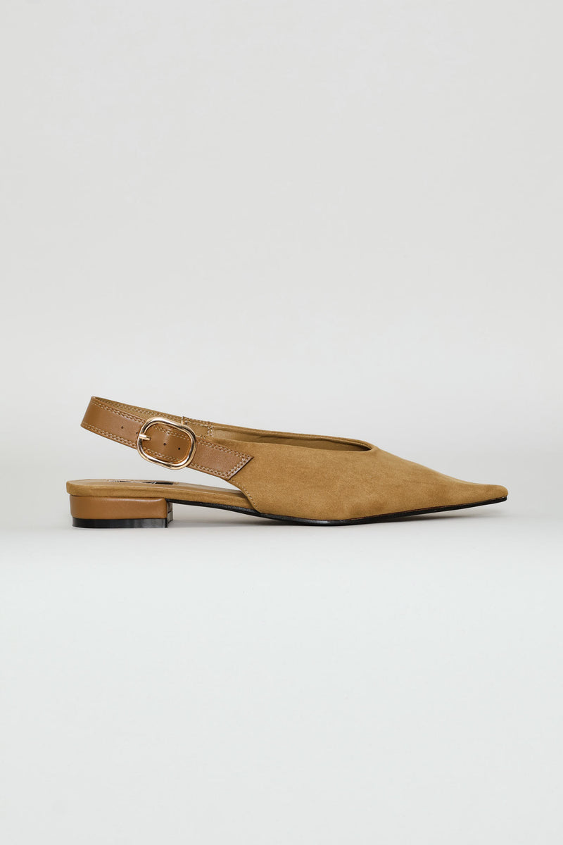 Multi Fabric V-Cut Pointy Mule Slingback - Tan