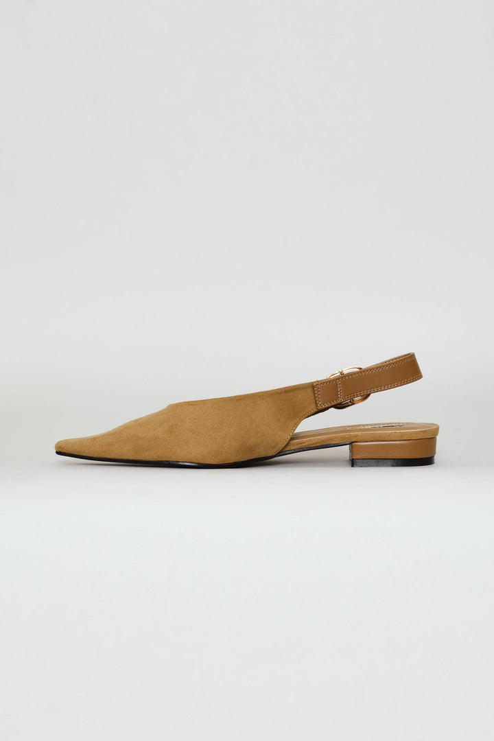 Multi Fabric V-Cut Pointy Mule Slingback - Tan