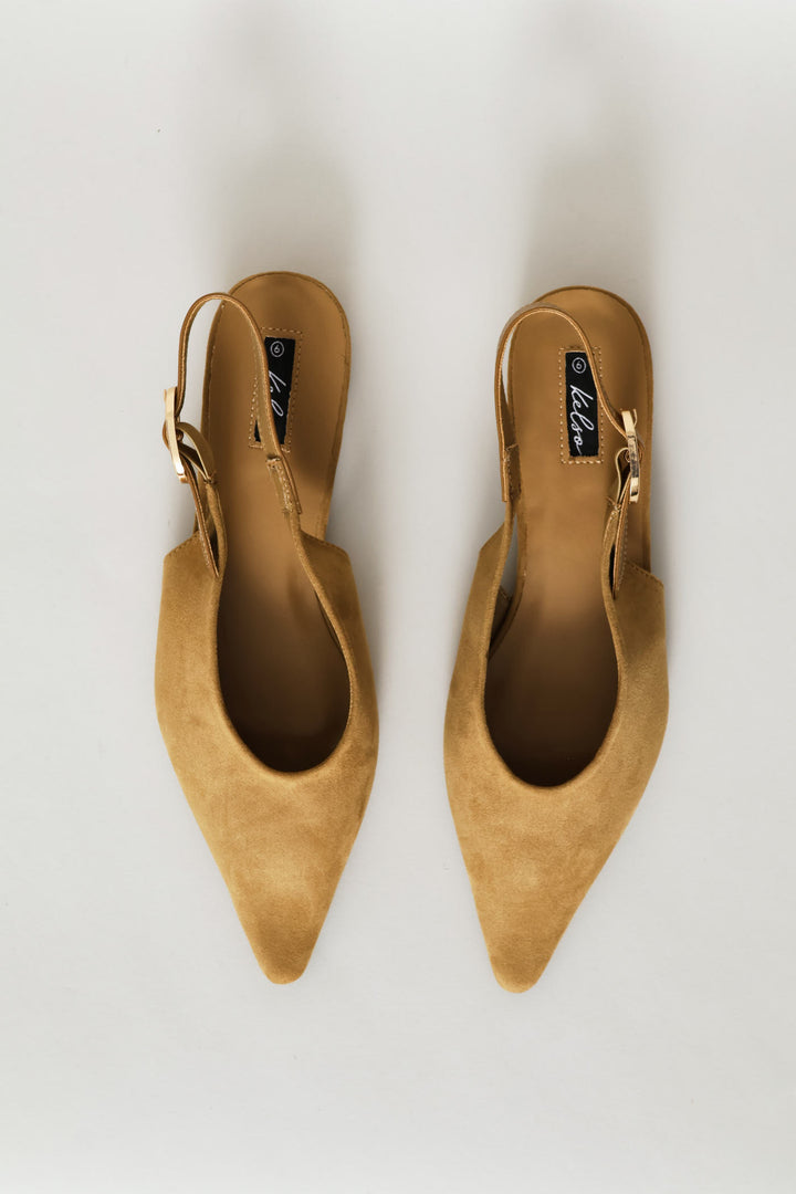 Multi Fabric V-Cut Pointy Mule Slingback - Tan