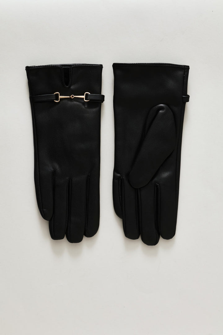Gold Detail Pu Glove - Black