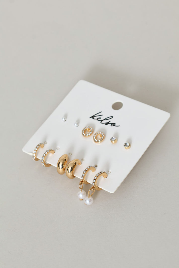 6 Pack Diamante Studs & Hoop Earrings - Gold