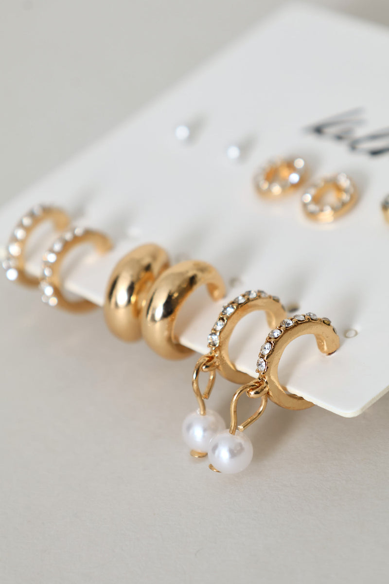 6 Pack Diamante Studs & Hoop Earrings - Gold