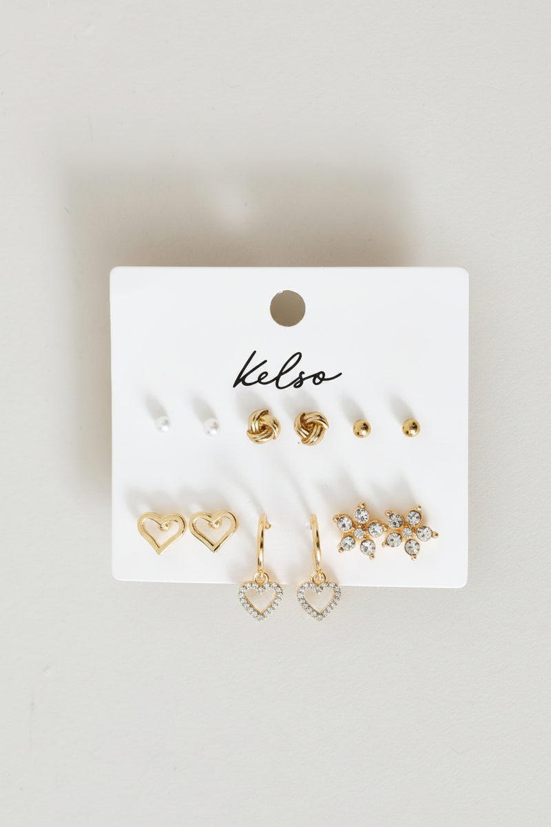 6 Pack Diamante Floral Stud & Heart Hoop - Gold