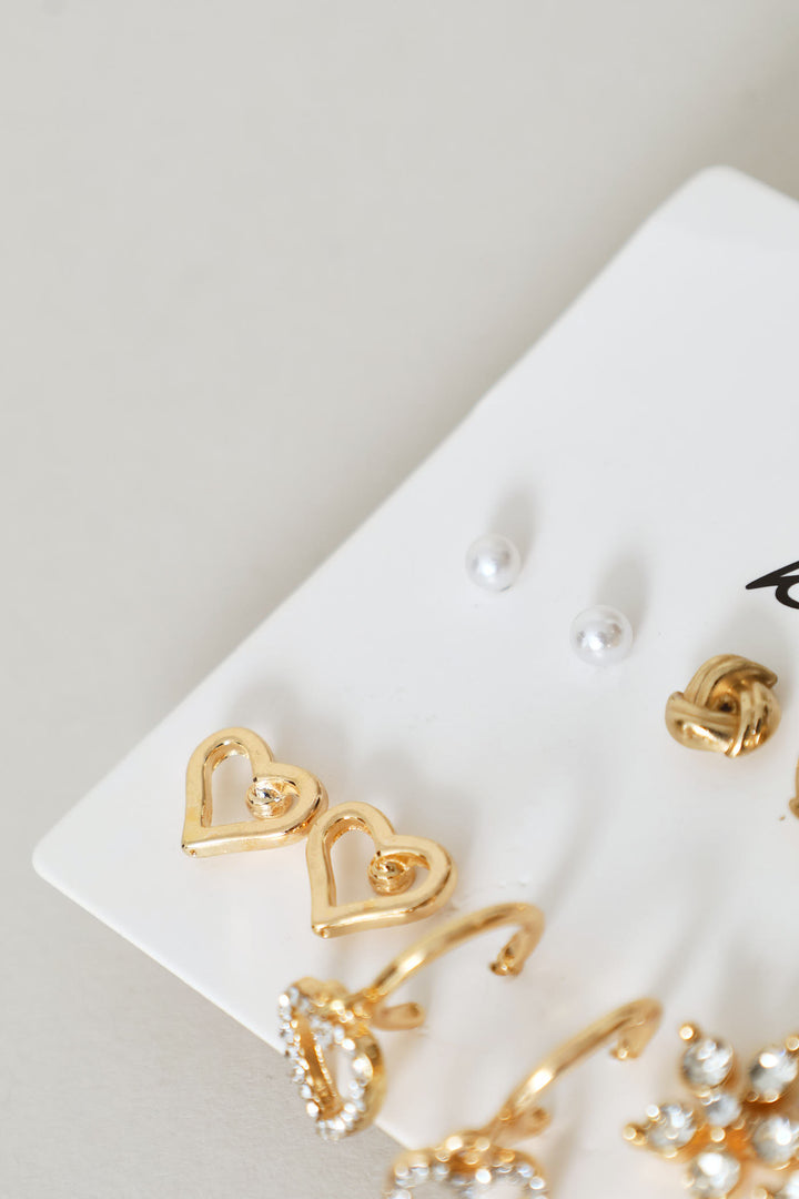 6 Pack Diamante Floral Stud & Heart Hoop - Gold
