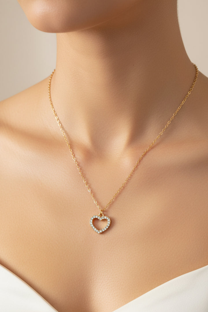 Diamante Heart Pendant Necklace - Gold
