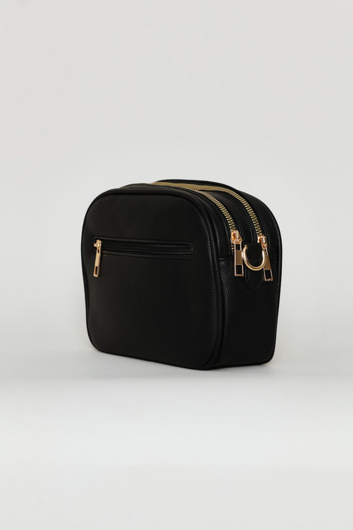 Double Top Zip Webbing Strap Camera Bag - Black