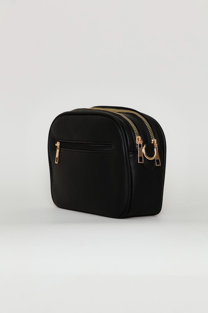 Double Top Zip Webbing Strap Camera Bag - Black