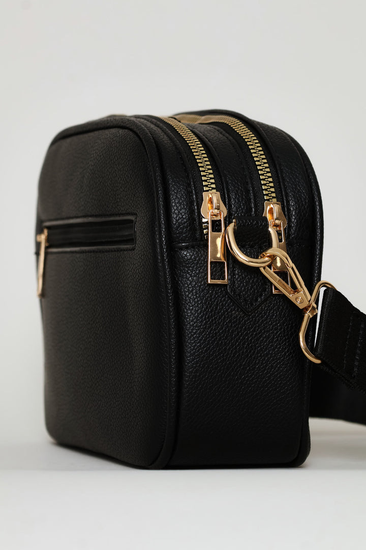 Double Top Zip Webbing Strap Camera Bag - Black